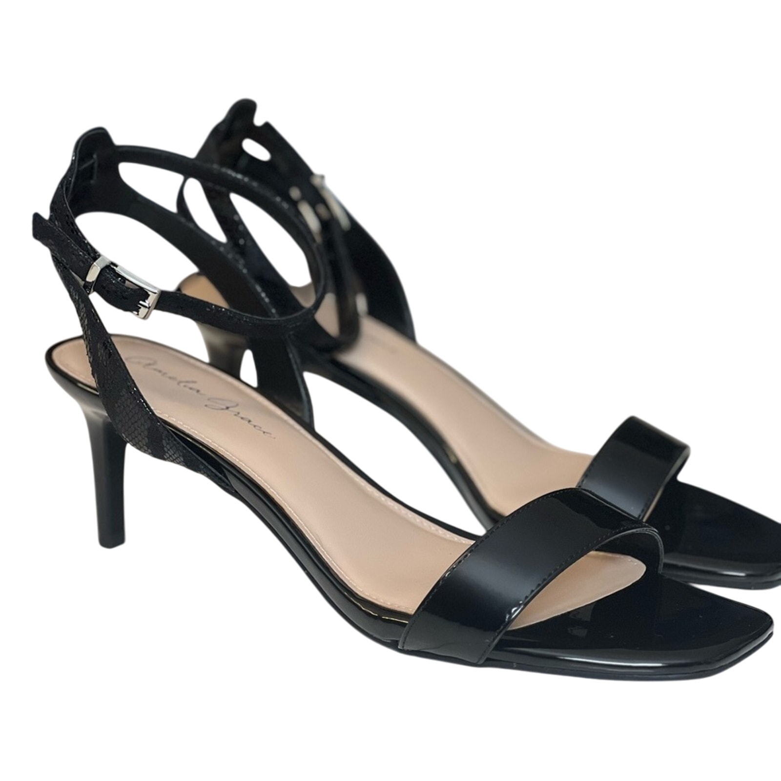 Nwot Amelia Grace Black Patent Faux Snakeskin Ankle Strap Heels - 9.5m